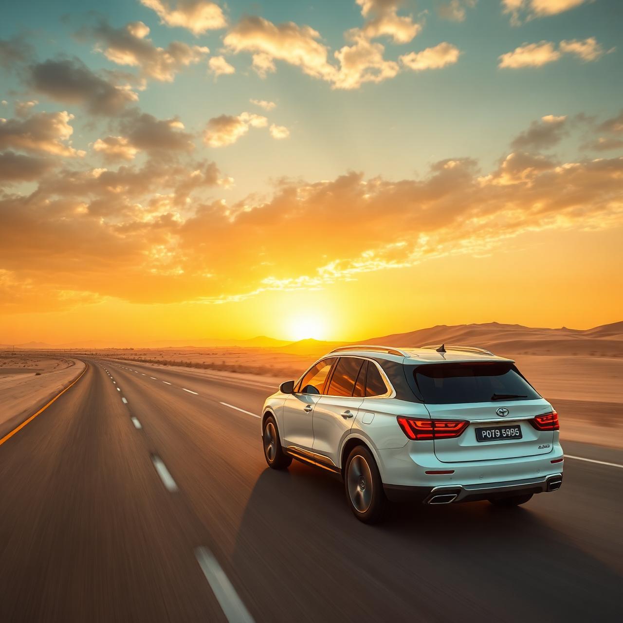 White SUV driving on a Saudi desert highway at sunset